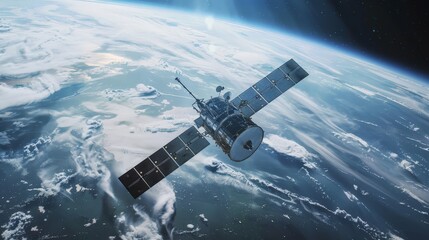 Obraz premium A sophisticated environmental monitoring network, tracking pollution and climate changes with satellite and sensor data.