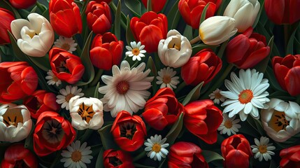 Red tulips and white daisies.