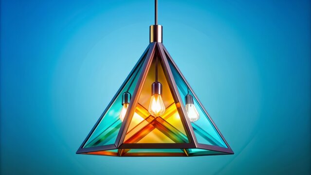 Vibrant multicolored glass triangle with metallic fixtures suspended against a serene light blue background, exuding modernity and sophistication.