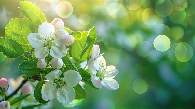 The photo shows a beautiful branch of an apple tree with delicate white and pink flowers against a blurred background of green leaves.