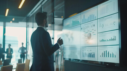 Confident Entrepreneur Presenting Business Pitch to Panel of Investors in Sleek Conference Room with Large Screen Showcasing Slides Graphs Market Analysis and Projections