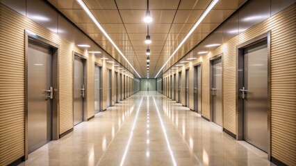 Obraz premium Long, dimly lit, beige-colored corridor with rows of doors, fluorescent lights, and a polished grey floor in a modern office building.