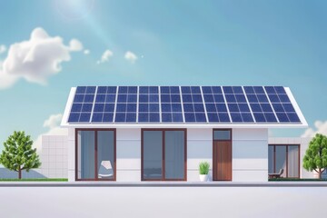 Fototapeta premium Eco-Friendly Modern House with Solar Panels - Sustainable Living and Renewable Energy Solutions in 2D Flat Illustration