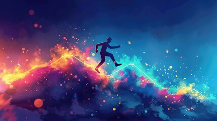 Naklejka premium Vibrant Silhouette of Man Running on Abstract Colorful Graph Background at Night
