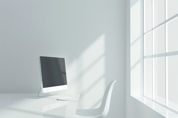 Modern Workspace: White Chair & Computer in a Serene Room (Photorealistic)