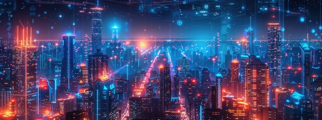 Obraz premium Futuristic Cyberpunk Metropolis at Night with Neon Lights and Digital Elements