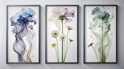 set of three vertical poster, minimalist wildflower smokey shape art, wallpaper background 