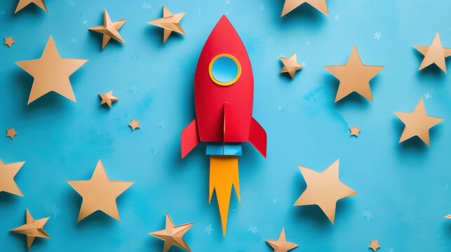 A vibrant paper rocket surrounded by golden stars on a blue background, creating a whimsical and playful space theme.