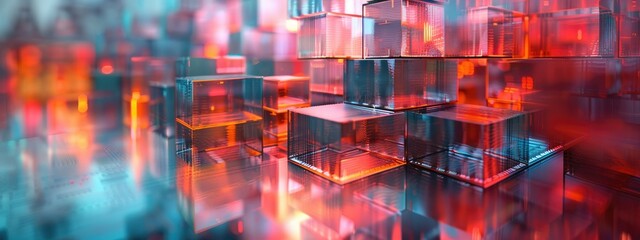 Fototapeta premium Futuristic 3D Render of Glowing Transparent Cubes on a Digital Circuit Board