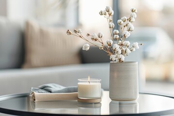 Modern glass coffee table with minimalist cotton flower arrangement and aroma candle.