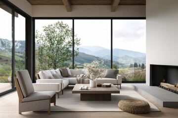 Fototapeta premium Living room renovation with a cozy fireplace and comfortable furniture.