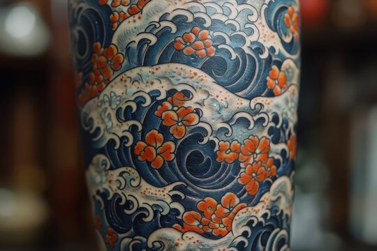 Close-up of a Japanese tattoo depicting a sea wave.