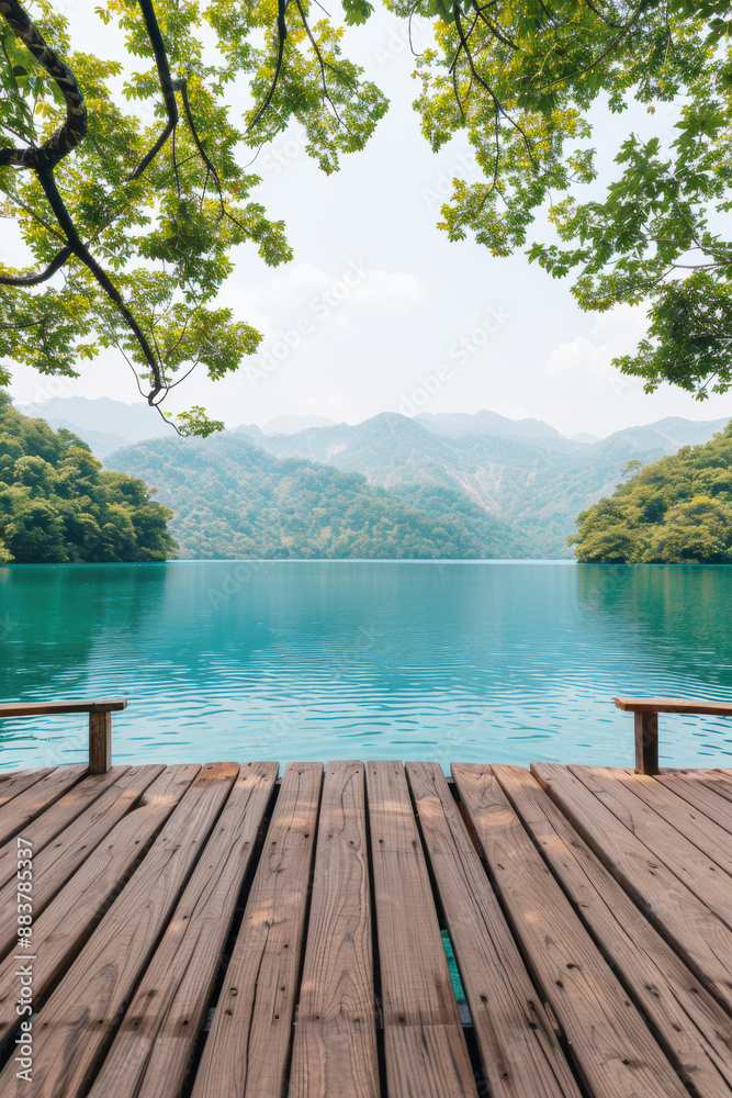 Poster Serene lake surrounded by lush green mountains viewed from a wooden dock, creating a tranquil nature scene perfect for relaxation or travel inspiration.