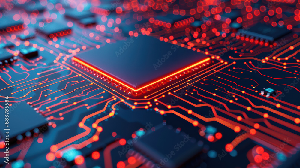 Poster close-up of a glowing red microchip on a circuit board, showcasing intricate and complex electronic 
