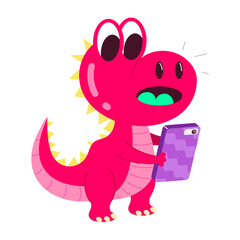 Cute dinosaur using mobile, flat style sticker  

