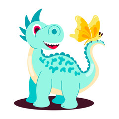 A flat style sticker showing playing dino with butterfly 

