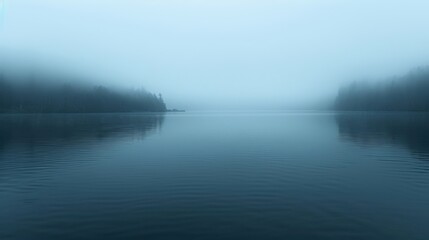 Fototapeta premium A serene lake surrounded by dense forest, shrouded in a thick fog, creating a tranquil and mysterious atmosphere.