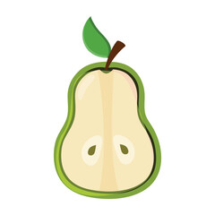 Green half pear with green leaf on white background.