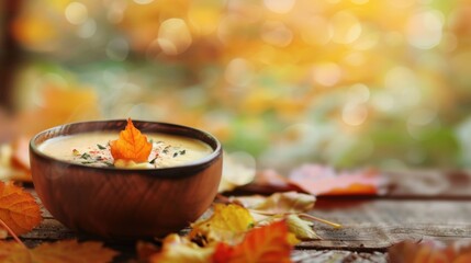 A warm autumn soup in a wooden bowl garnished with a leaf, surrounded by colorful fall leaves on a rustic table.