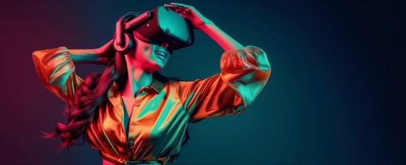 Obraz premium woman in vr glasses, playing video games or fitness and yoga with virtual reality headset, trying to touch something with hand