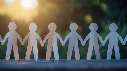 Paper cutout figures holding hands on a serene outdoor background, symbolizing unity, teamwork, and community support in a beautiful sunset setting.