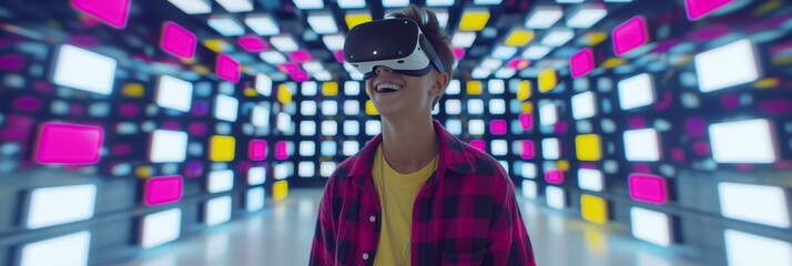 young man in vr glasses, playing video games or fitness and yoga with virtual reality headset, trying to touch something with hand