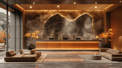 A hotel lobby with a reception desk, seating area and large wooden slat wall behind the bar counter in dark grey stone. The furniture has a style similar to Japanese design, with warm lighting and a m