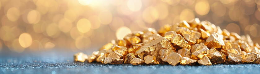A pile of shimmering gold nuggets against a sparkling bokeh background, perfect for themes of wealth, luxury, and treasure.