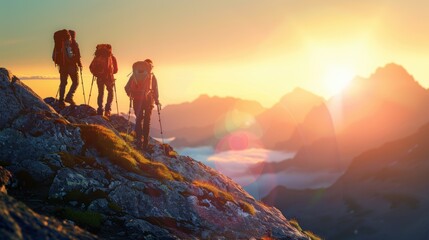 Three hikers standing on a mountain peak at sunrise, enjoying the breathtaking view and golden light.