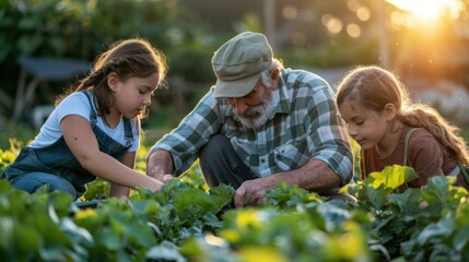 Fototapeta premium Grandfather gardening with his granddaughters, sharing knowledge and joy, in a sunlit garden setting, highlighting family bonds.