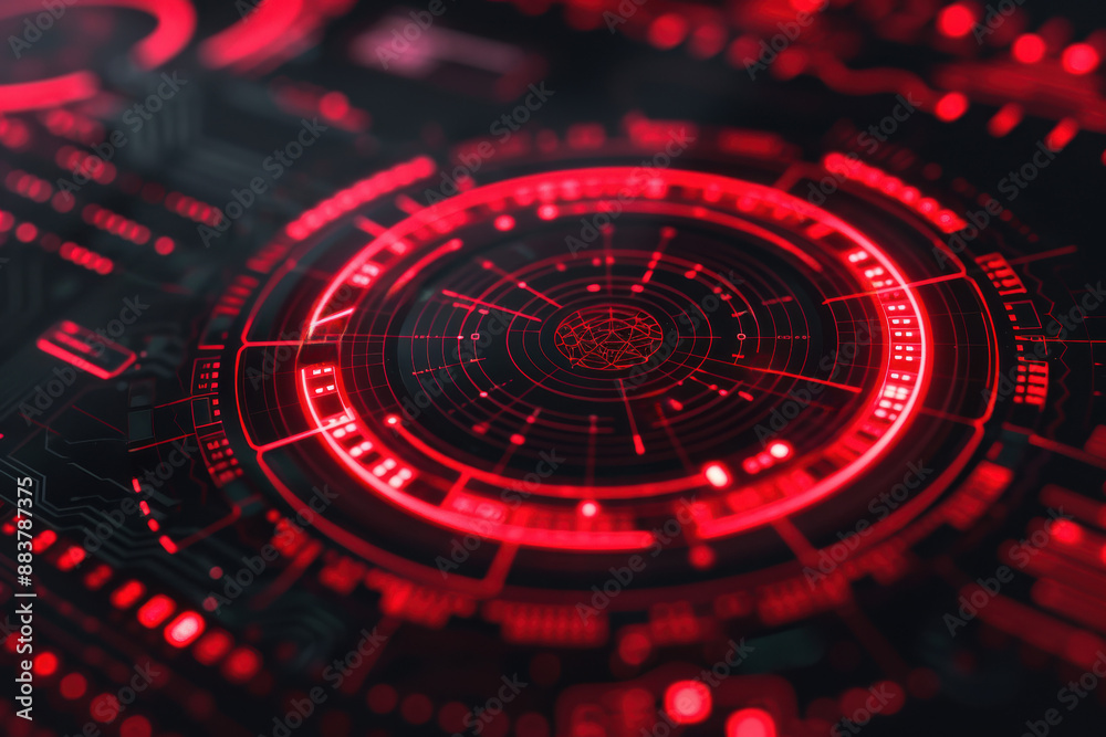 Poster futuristic red digital interface with intricate circular patterns and glowing elements, representing