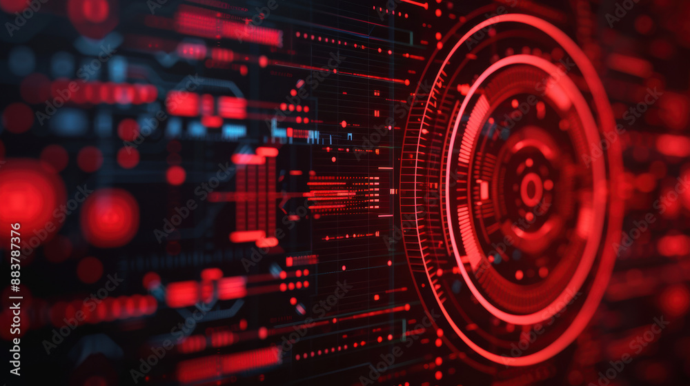 Aufkleber futuristic technology digital interface with bright red glowing elements and complex data patterns. 