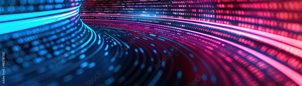 Poster dynamic abstract background with glowing blue and pink lines and binary code. futuristic digital dat