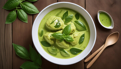 Obraz premium Chicken green curry in a white bowl placed on a wooden table; Popular authentic top view background