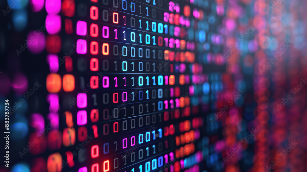 Poster abstract background of binary code with vibrant colors, representing technology, data, and digital c