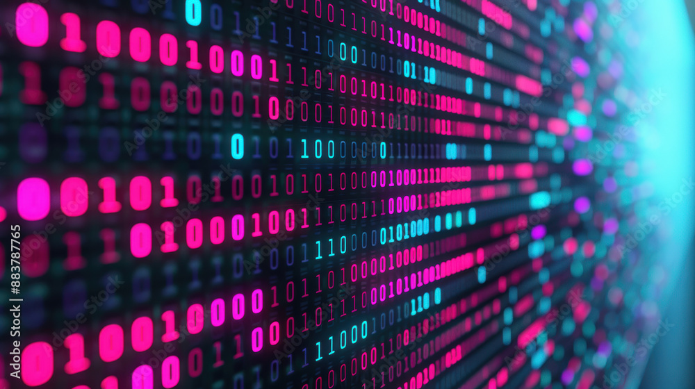 Poster close-up of a digital binary code screen in blue and pink, showcasing data processing and informatio