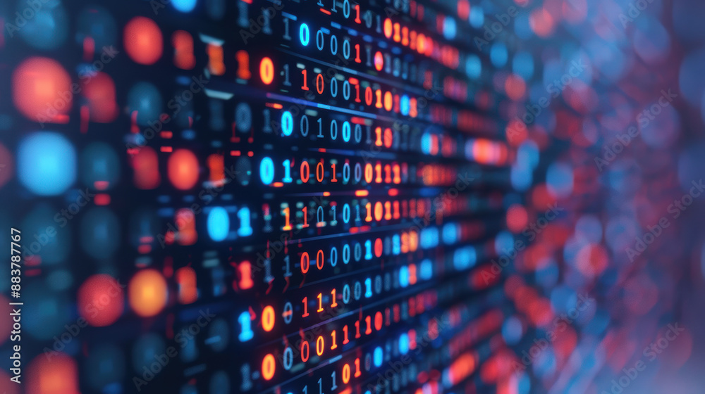 Aufkleber bright binary code on an led screen representing data processing, digital technology, and futuristic