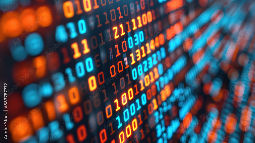 Poster a vibrant, close-up display of binary code, exhibiting blocks of red and blue digits, representing d