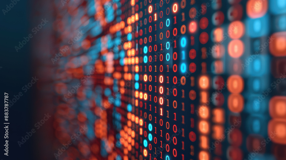 Poster abstract digital binary code background in red and blue, representing technology, data, and cybersec
