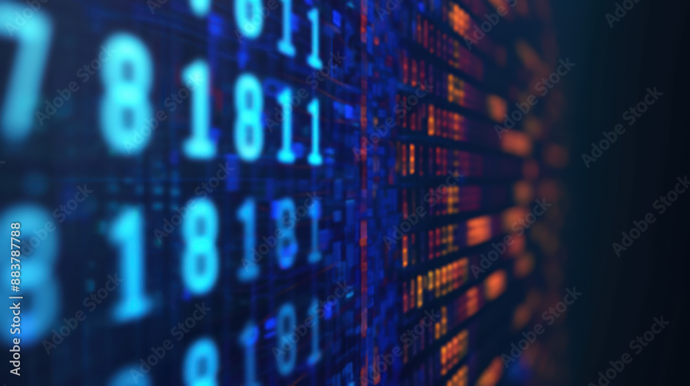 Poster abstract digital data on a technology screen with blue and orange numbers and codes, representing mo