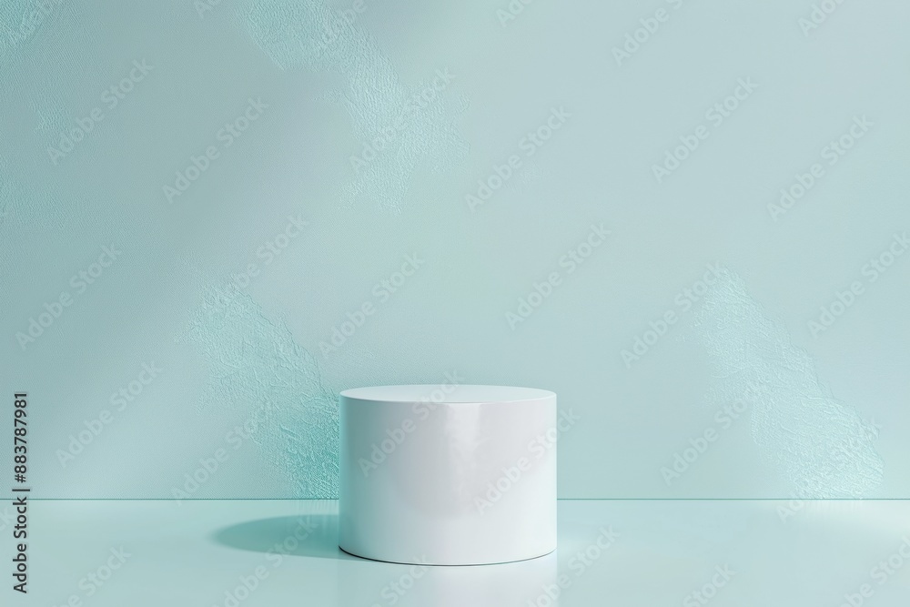 Poster elegant minimalist display featuring silver podium on soft blue background with gentle reflections i