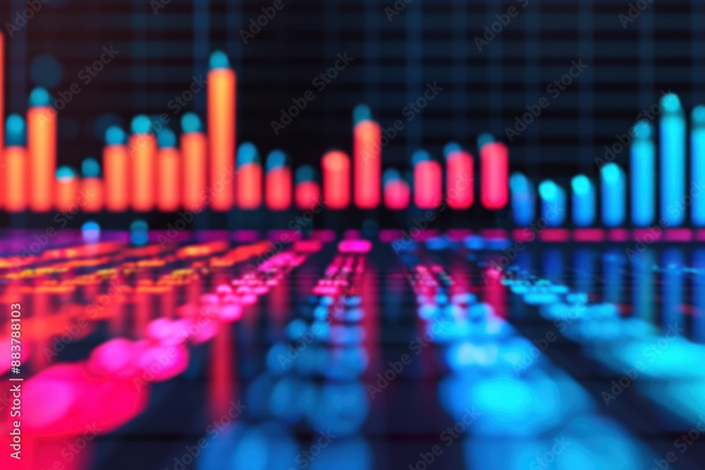 Poster colorful digital data visualization graph on a dark background with glowing neon bar charts and dots