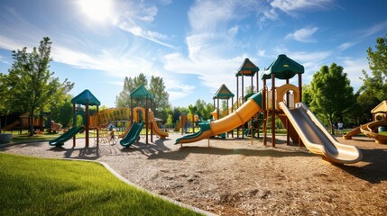 Sunny day in a public park with colorful playground equipment, surrounded by trees and green grass, ideal for children's outdoor activities.