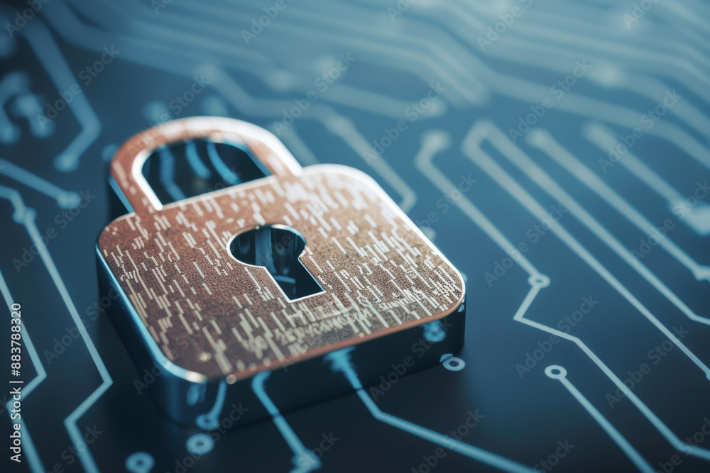 Poster a metallic padlock symbol displayed on a circuit board, representing data security and protection in