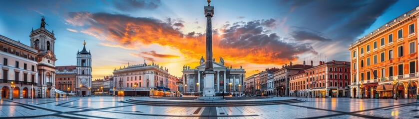 Panoramic view of a historic European plaza at sunset, with historic buildings and a tall monument under a vibrant, colorful sky.