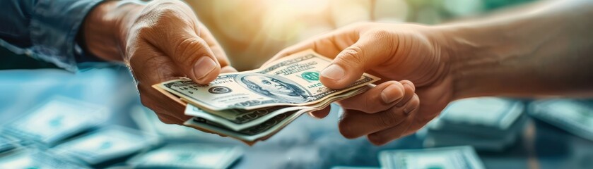 Close-up of two hands exchanging a stack of American dollar bills in a business transaction, signifying the concept of finance and trade.