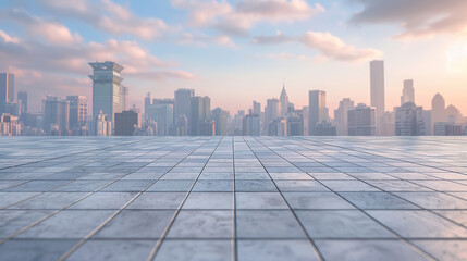 Empty square with city skyline background