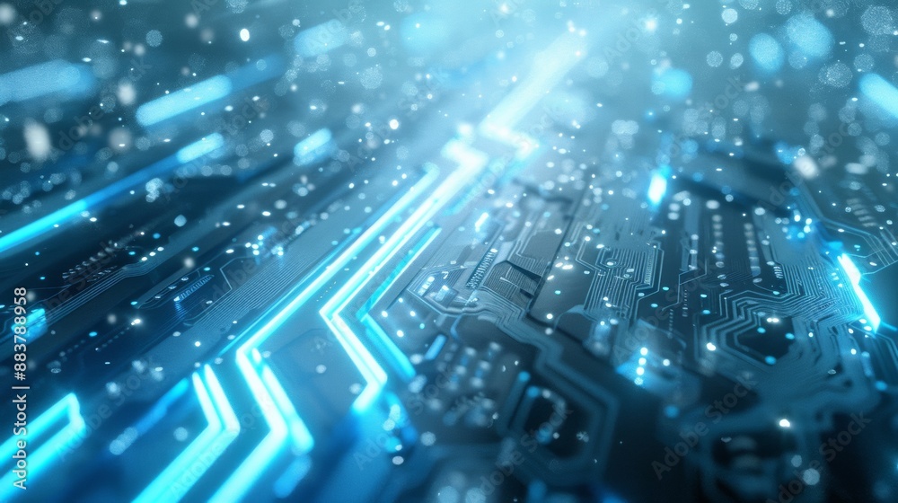 Poster dynamic technology-themed image with glowing circuit board and digital textures in blue hues