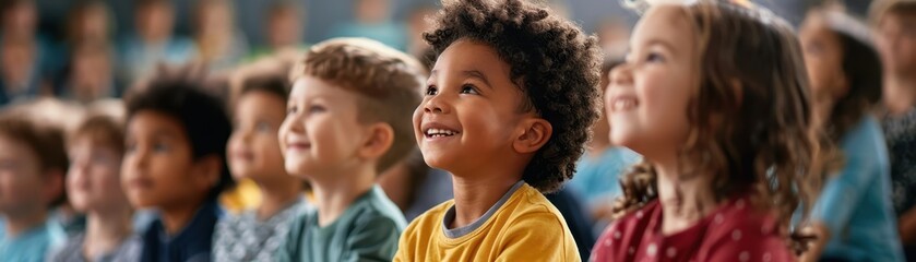 Obraz premium A diverse group of cheerful children attentively watching an event, showcasing joy and curiosity. Perfect for educational and childhood themes.
