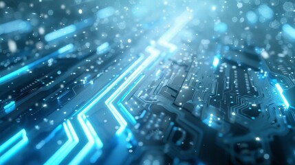 Dynamic Technology-Themed Image with Glowing Circuit Board and Digital Textures in Blue Hues